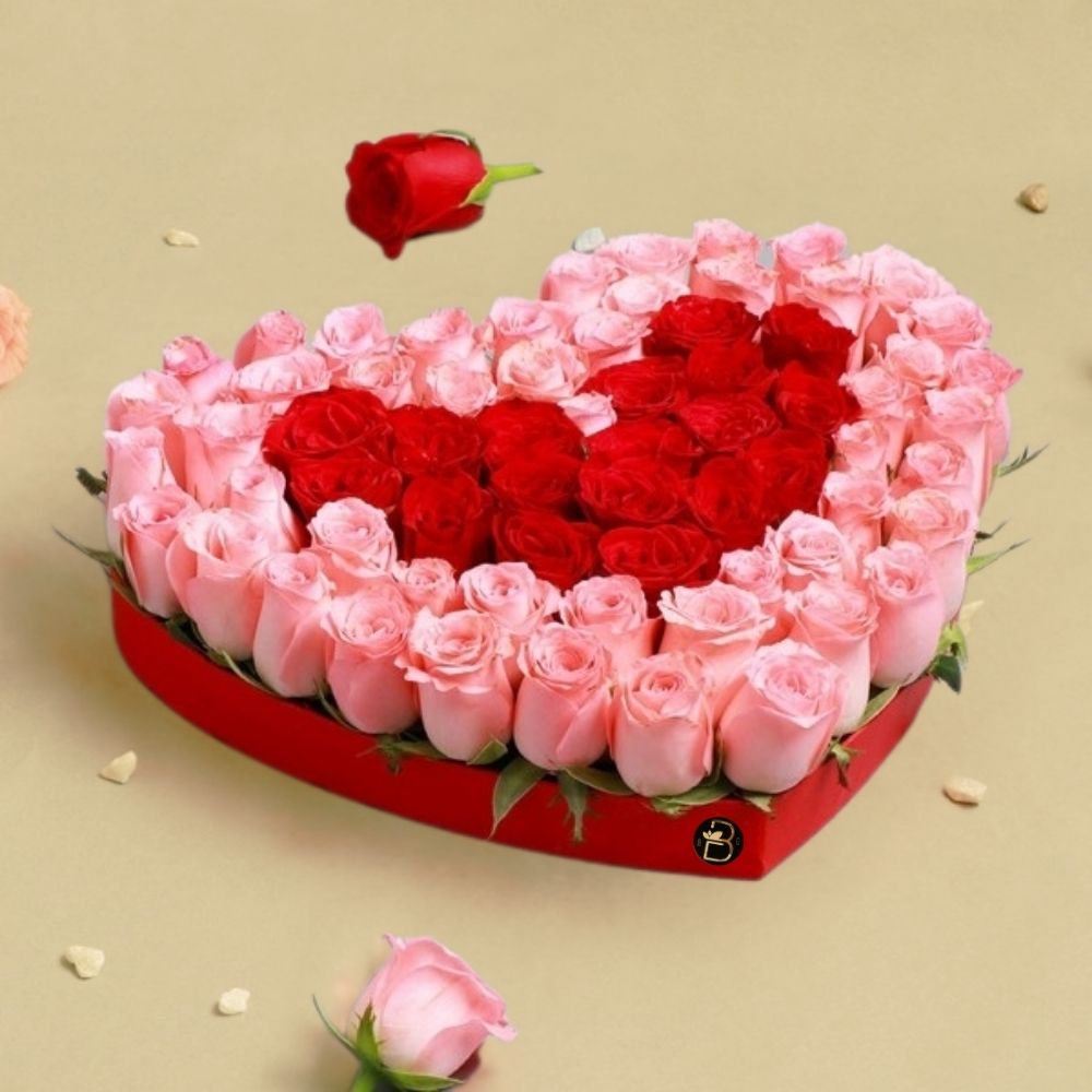 pink and red heart shape 50 roses basket 