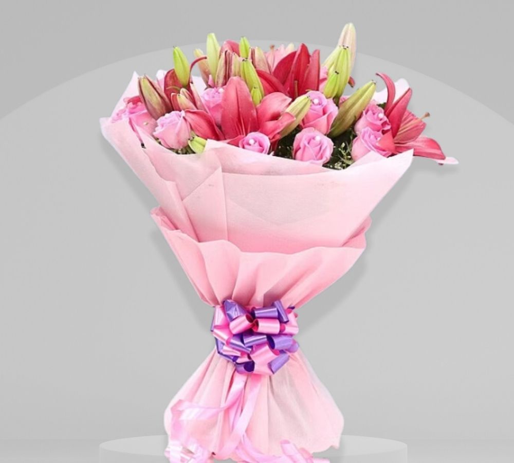  Divine mix fruit cake with pink rose with lilies 