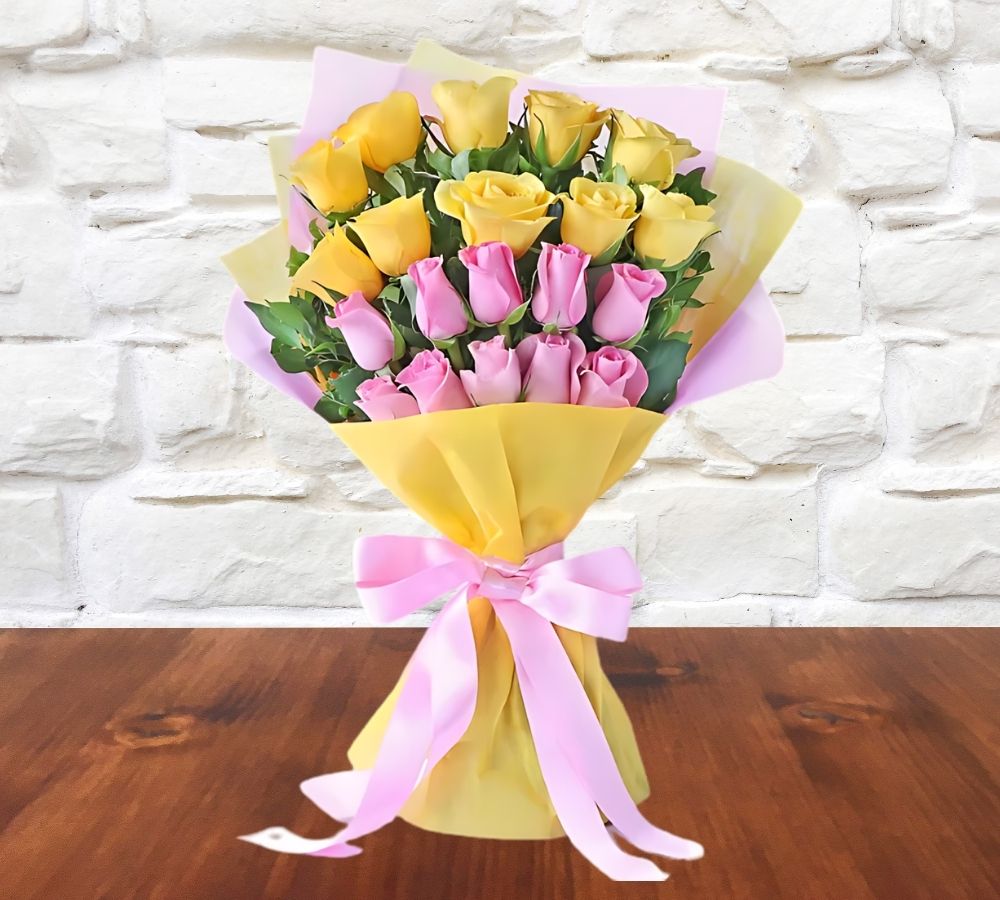  Mango cake with yellow and pink rose bouquet 