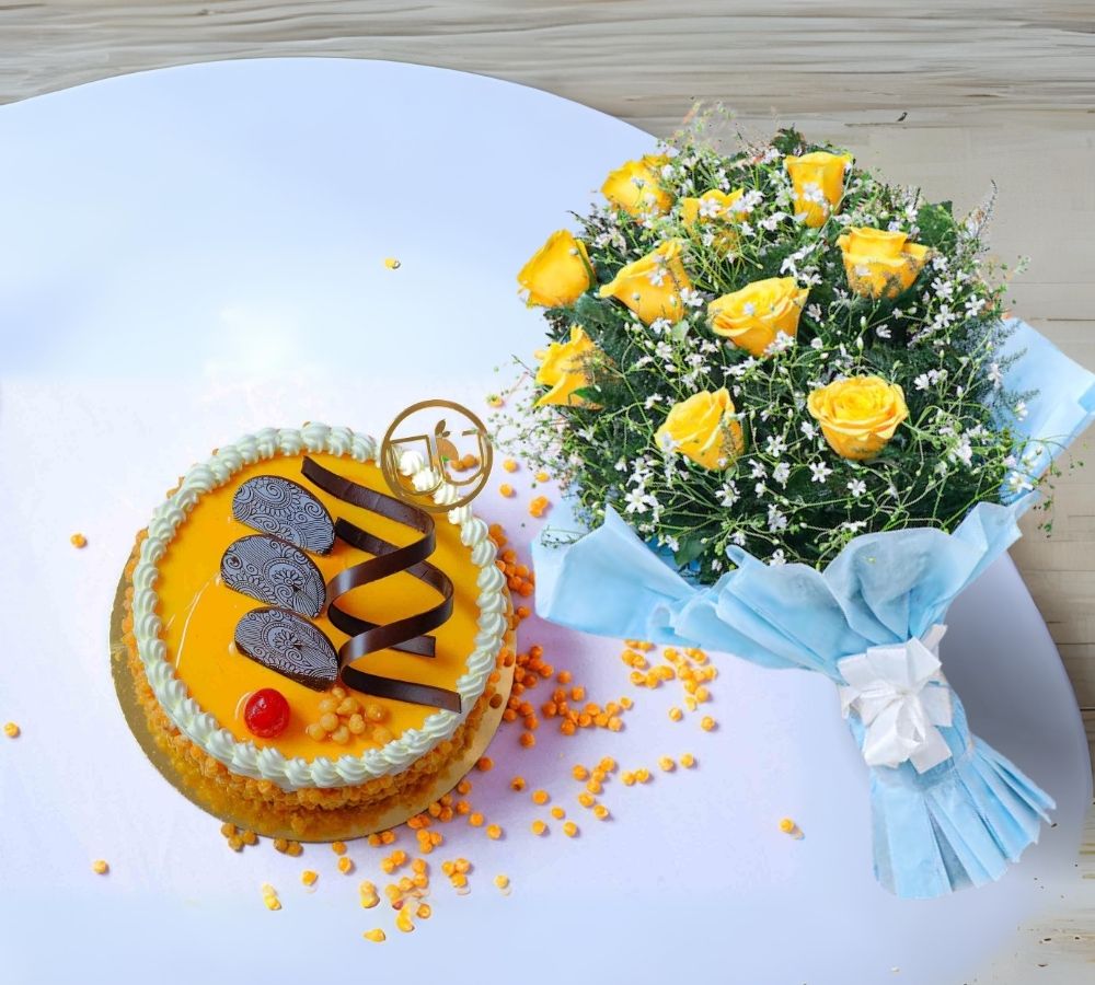  Nutty butterscotch yellow rose and Gypsy bouquet 