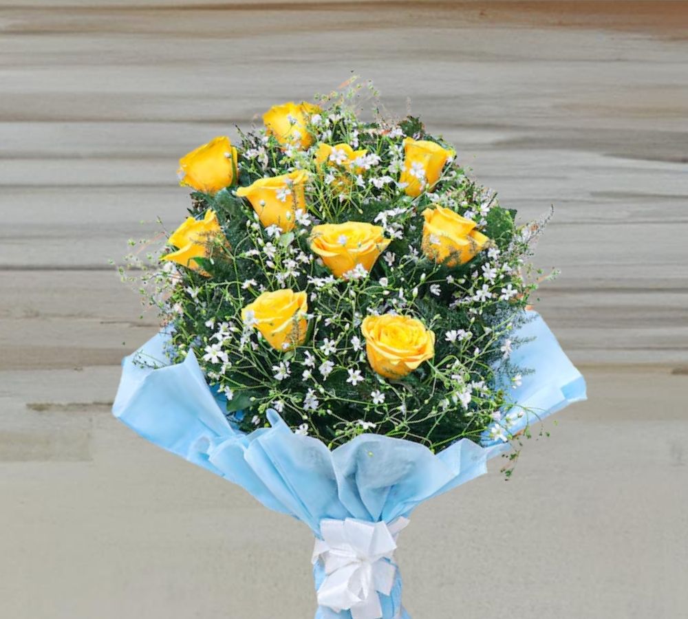  Nutty butterscotch yellow rose and Gypsy bouquet 